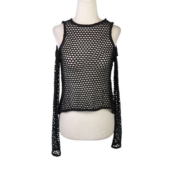 Vintage 90s Easel Black Fishnet Long Sleeve Cold Shoulder Top S - Picture 1 of 6